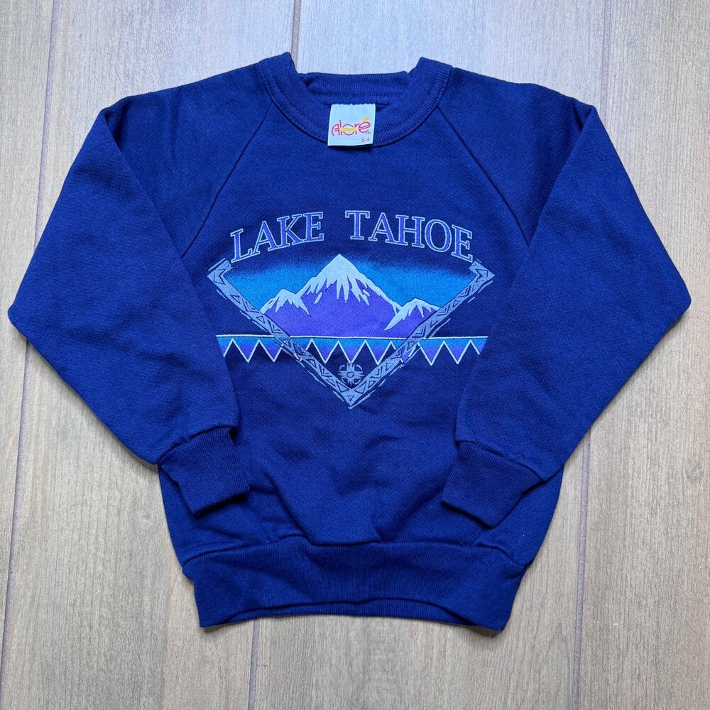 Vintage 90s Lake Tahoe Kids Crewneck Sweatshirt - Blue Mountain Graphic - 2–4T
